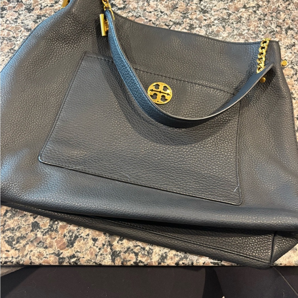 Tory Burch Black Leather Shoulder Bag with Gold Chain